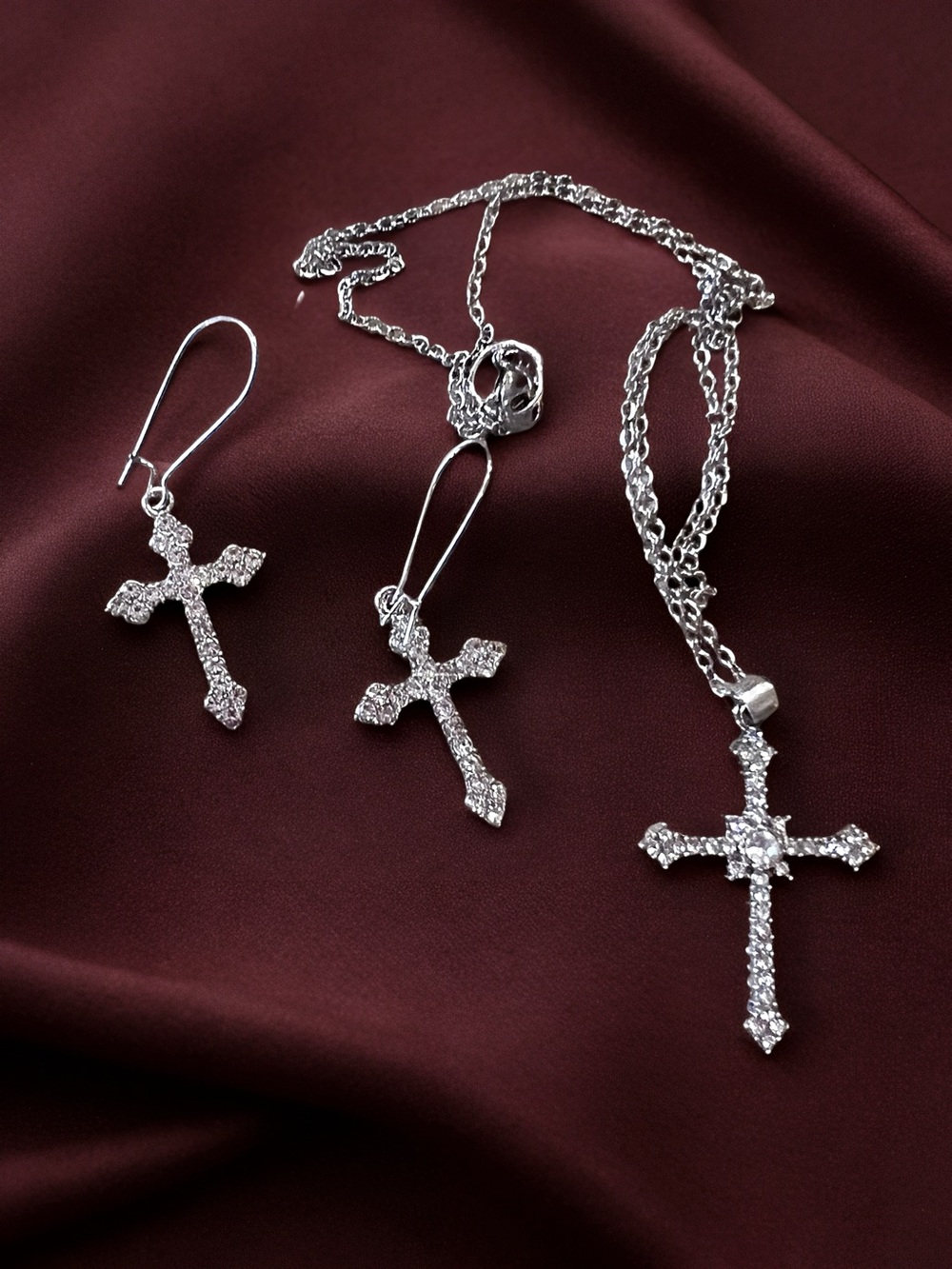 Cubic Zirconia Cross Necklace and Earring Set - Silver Toned